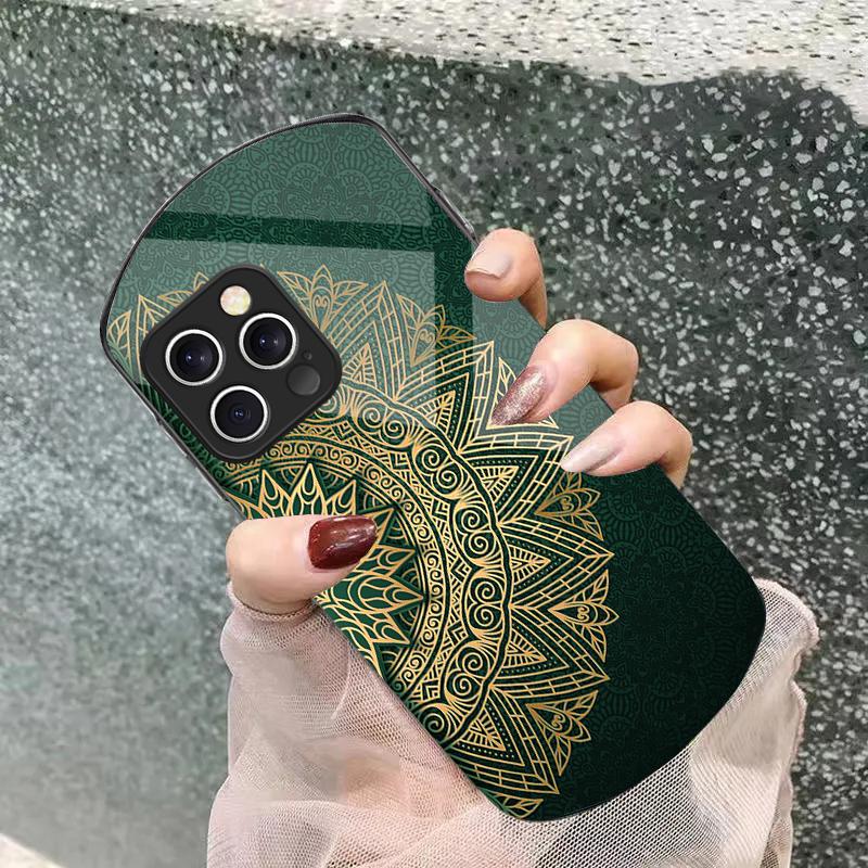 Golden Half Mandala For Iphone 11 12 13 14 15 16 Pro Max Plus Mini 7 8 Se 2020 X Xs Xr Elliptical Tempered Glass Phone Case