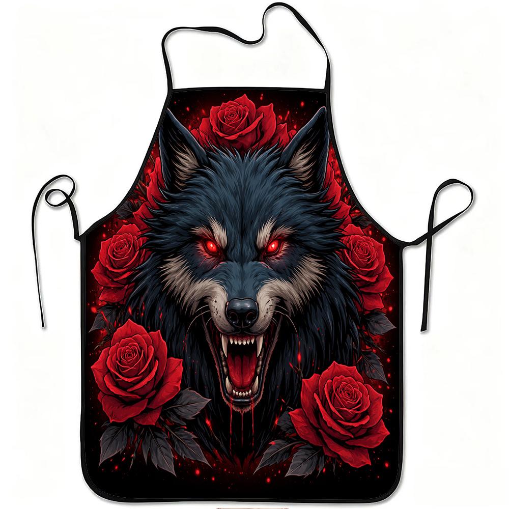 1pc Fierce Wolf with Red Roses Print Apron, Durable and Easy To Clean, Adjustable Waistband, Polyester Material, for Kitchen Coo