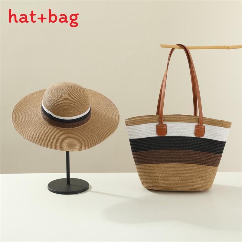 Woven Sun Hat And Large Capacity Straw Tote With Striped Pattern For Travel And Casual Wear