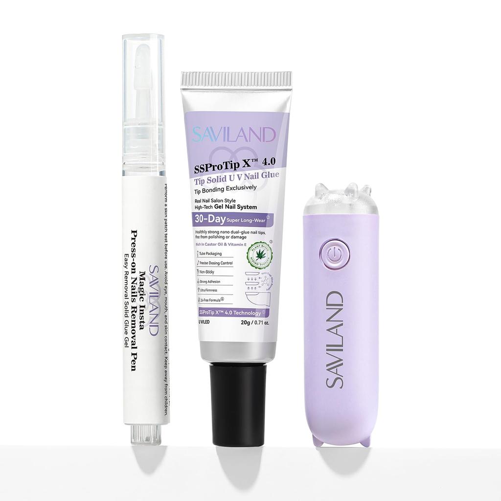 SAVILAND Pro Nail Glue Gel Nail Remover Lasting Solid Nail Glue Gel with UV Nail 20g Gel Nail 3ml Fast Nail Glue Remover Pen & Press-On Kit 30-Day