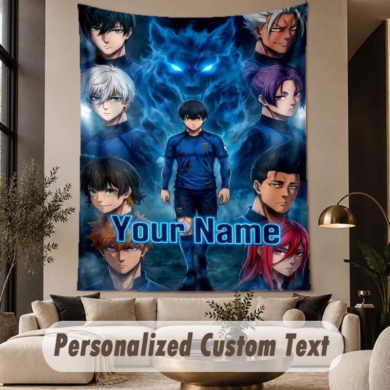 Custom Text Printed Tapestry Blue Lock Pattern Large Wall Hanging Indoor Room Decor