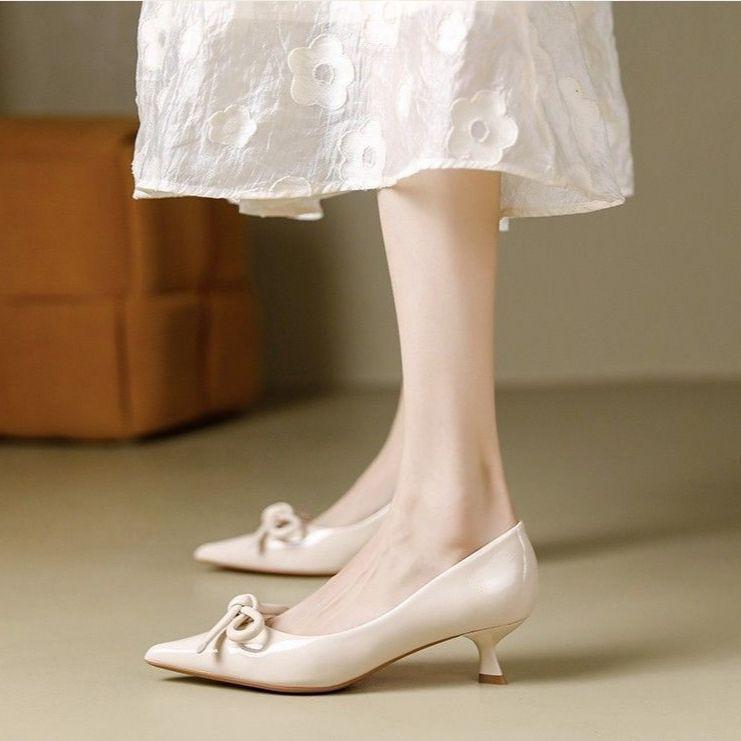 With skirt bow patent leather red thin heel pointed high heels 2025 summer new French shallow mouth single shoes women