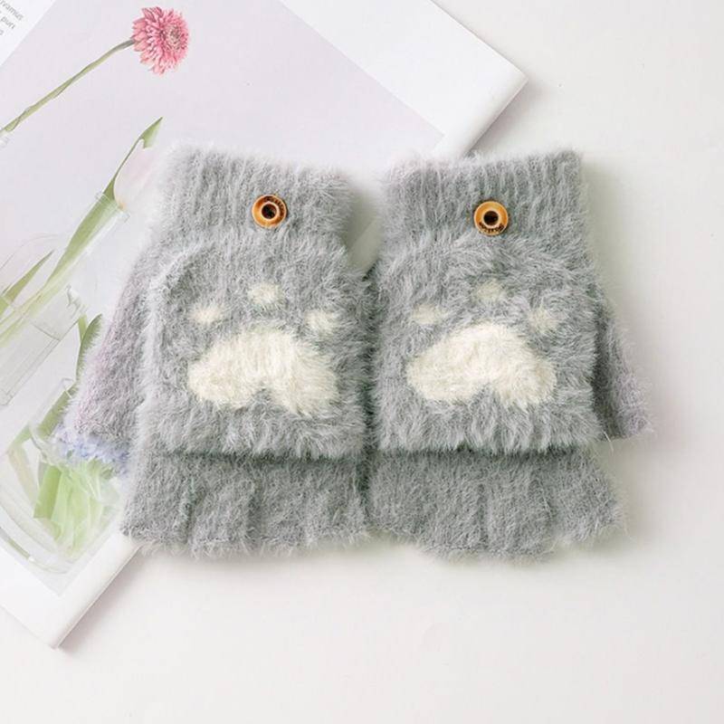 Cartoon Plush Cats Paw Fingerless Mittens with Flip Top Winter Knitted Gloves Stretchy Soft Mitten Elastic Warm Mitte