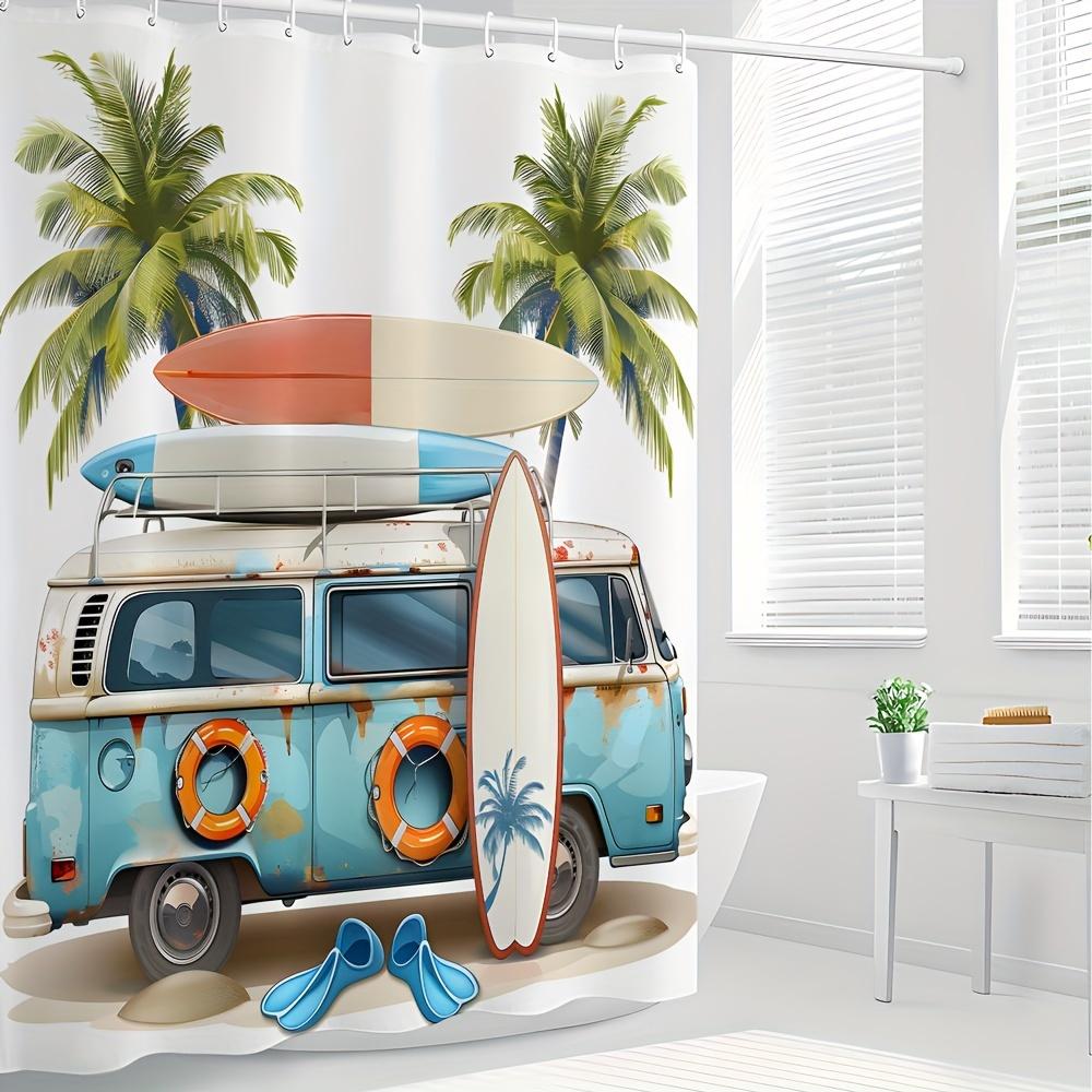 Beach buggy and surfboard shower curtains for bathroom decoration, perfect for adding coastal charm and atmosphere