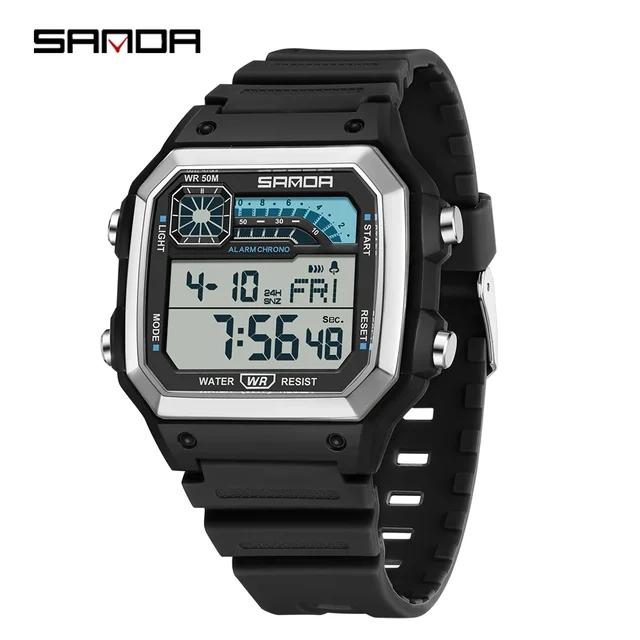 SANDA 6196 Relógio Digital Masculino Pulseira de Silicone Quadrado Eletrônico LED Alarme Contagem Regressiva Tempo Duplo À Prova d'Água Esportivo Casual