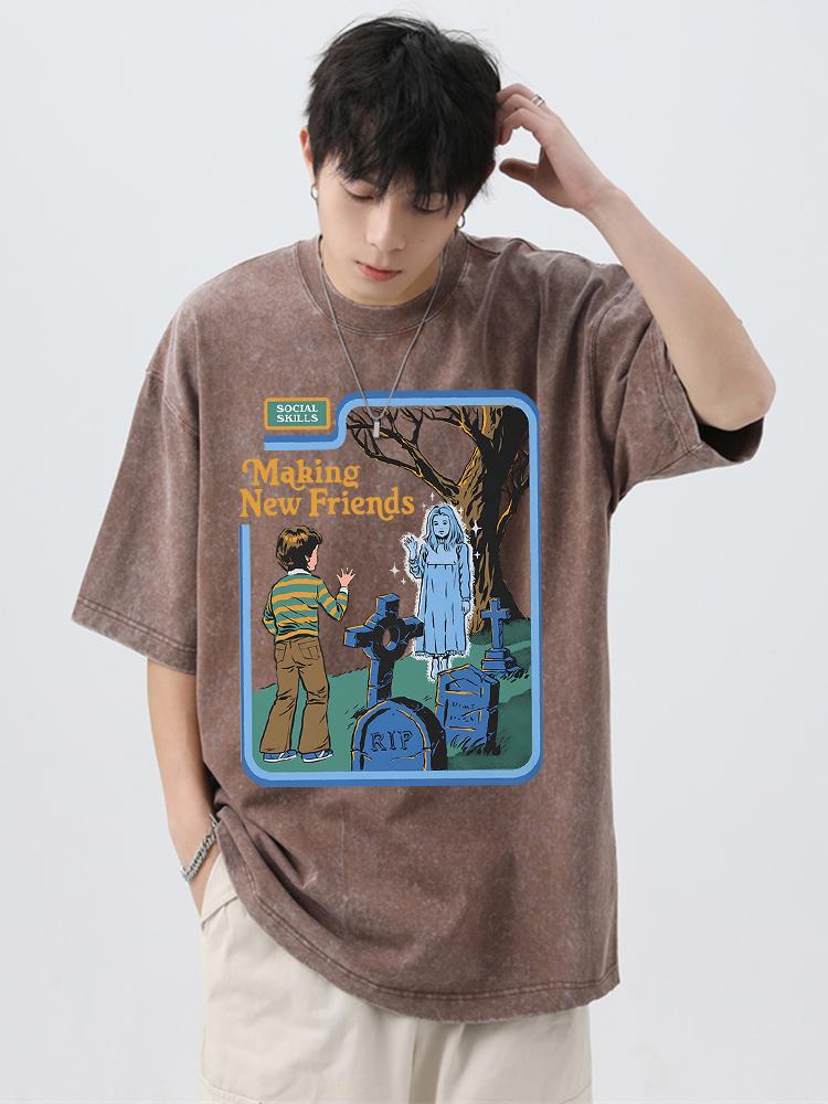 Social Skills Making New Friends Washed Retro Man T-Shirts Oversized Tee Clothes Summer Hip Hop Tshirt O-Neck Soft Cotton Tops