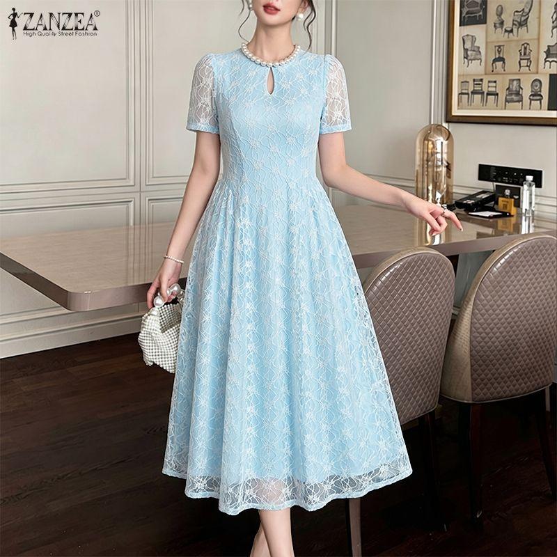 ZANZEA Women Casual Round Neck Lace Patchwork Elegant Short Sleeve Dress