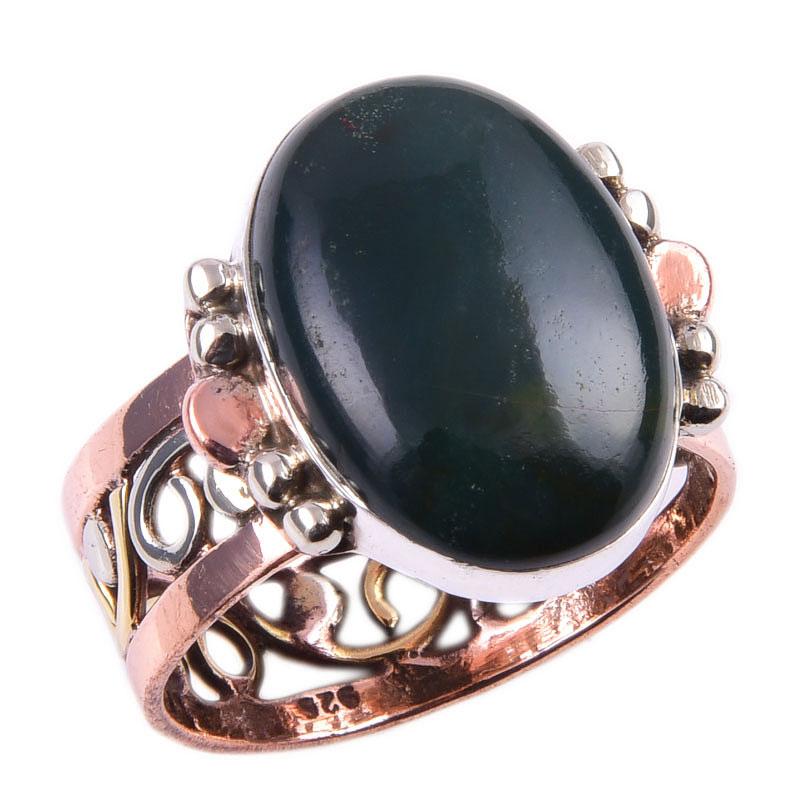 Natural Bloodstone Gemstone Handmade 925 Sterling Silver Two Tone Ring S.10 w4s55