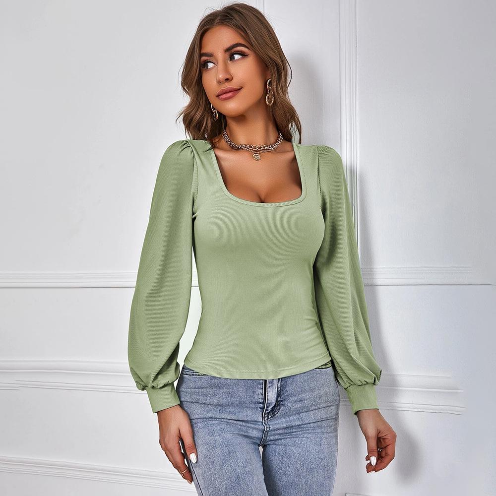 2024 Women's Avocado Green Puff Sleeve Square Neck Knitted Slim Fit Top