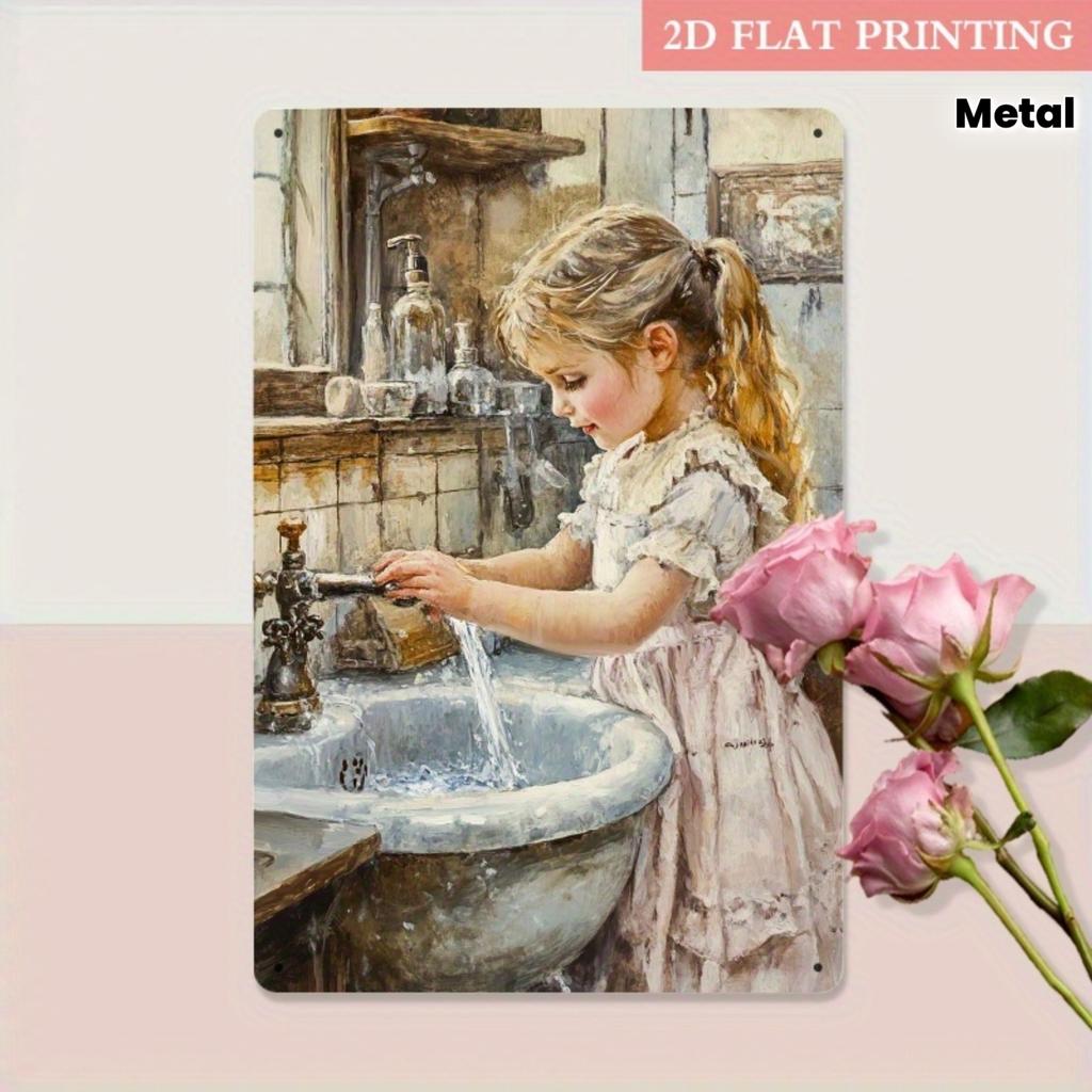 Vintage Little Girl Washing Hands Metal Sign X Rustic Iron Wall Art for Bathroom Bedroom Laundry Room Decor