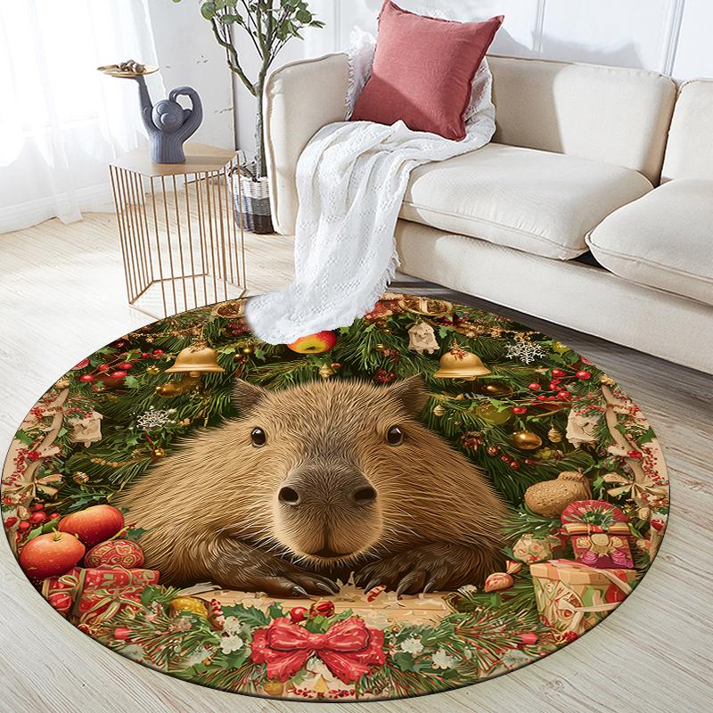 Christmas Capybara pattern round rug,Carpet Rug for Living Room Bedroom Playroom ,Non-slip Floor Mat,Holiday Gifts and Birthday Gifts.