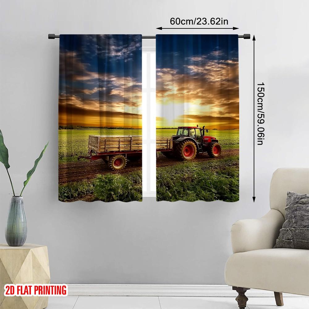 Set Of 2 Flat Printingfield Sunset Tractor Western Country Farm Scene Iving Room Bedroom College Dorm Office Curtain Polyester Ideal For