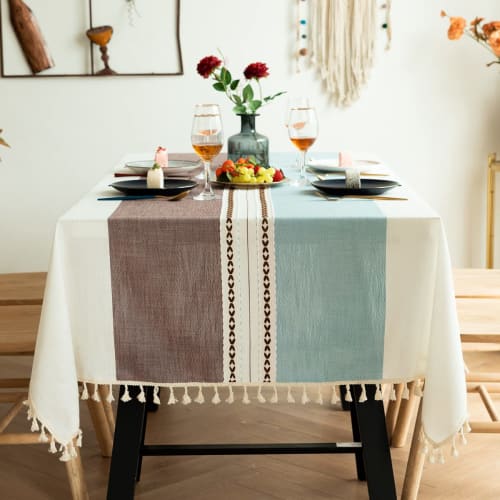 Retro Cotton Linen Tablecloth with Tassel Lace Table Cover for Party Banquet Dining Tables, Patina, 140x200cm