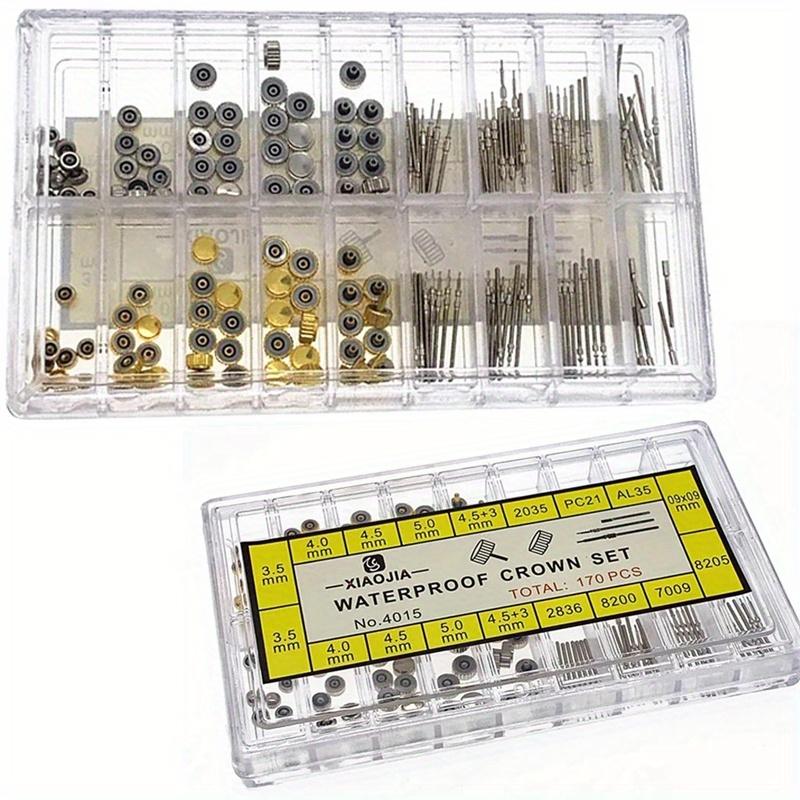 170Pcs/Box Watch Crown Parts Replacement Assorted Dome Flat Head Watch Accessories Repair Tool Kit Accessories Tool Kits.