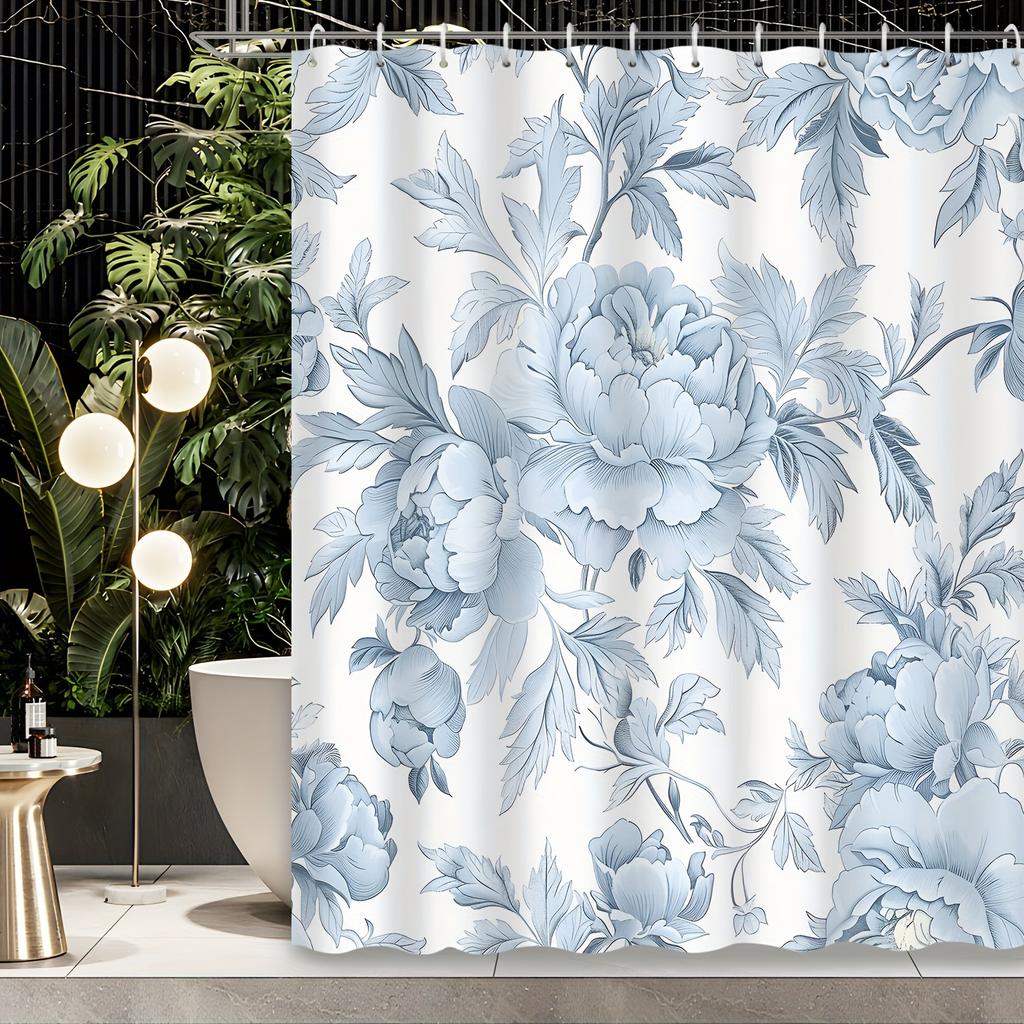 1pc Chinese elegant floral plant peony blue theme shower curtain, polyester fabric, machine washable, suitable for bathroom