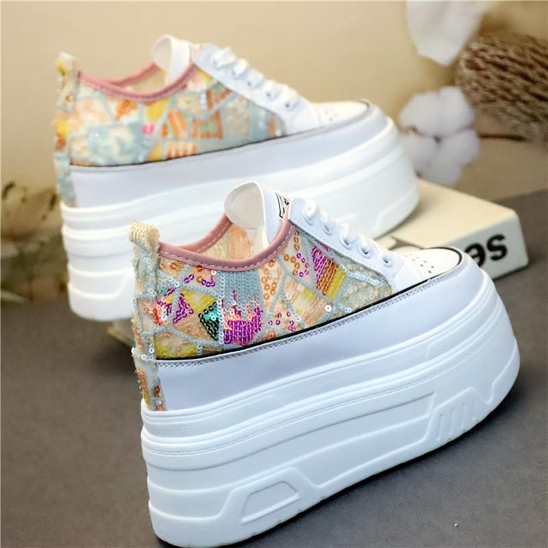 Fashion 12CM Air Mesh Denim Genuine Leather Synthetic Loafer Vulcanize Chunky Sneaker Mixed Color Women Summer Moccasins Shoes