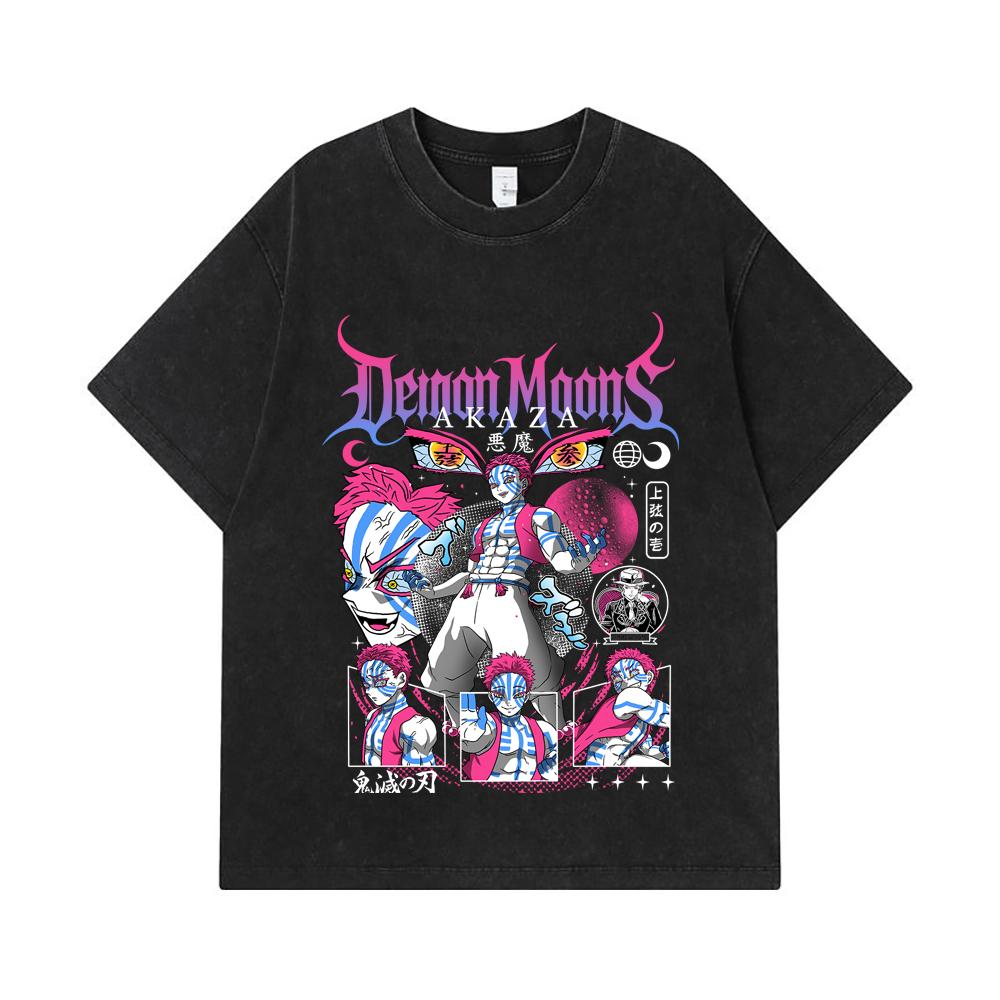 275 GSM Washed T-shirts 100% Cotton Demon Slayer V31 Akaza Print Unisex Heavy Cotton T Shirt