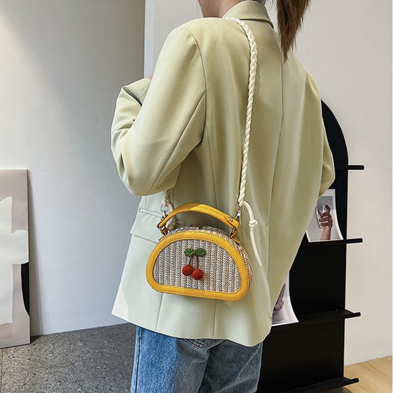 2025 Fashion Design Cherry Pattern Creative Straw Woven Patchwork Small Handbags Cute Crossbody Shoulder Bag Travel Beach Bag