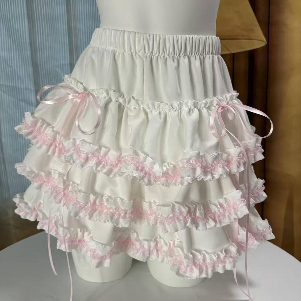 Japanese Style Sweet A Line Skirt Women Lolita Kawaii Cute Y2K High Waist Lace Ruffle Skirt Girl Simple Daily