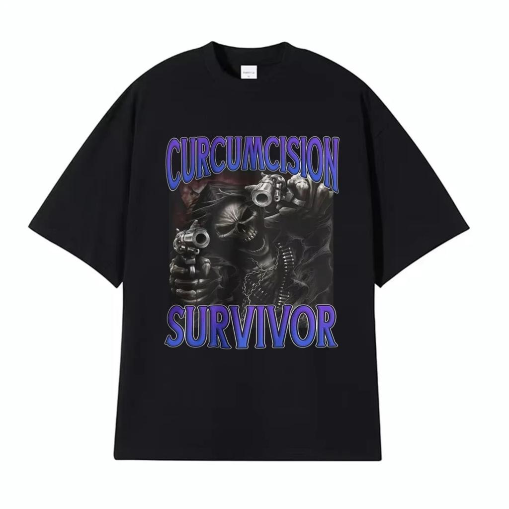 Beschneidungs-Überlebender Lustiger Totenkopf Meme T-Shirts Herren Humorvolle Witz Oberteile T-Shirt Männlich Retro High Street Übergroßes Gothic T-Shirt