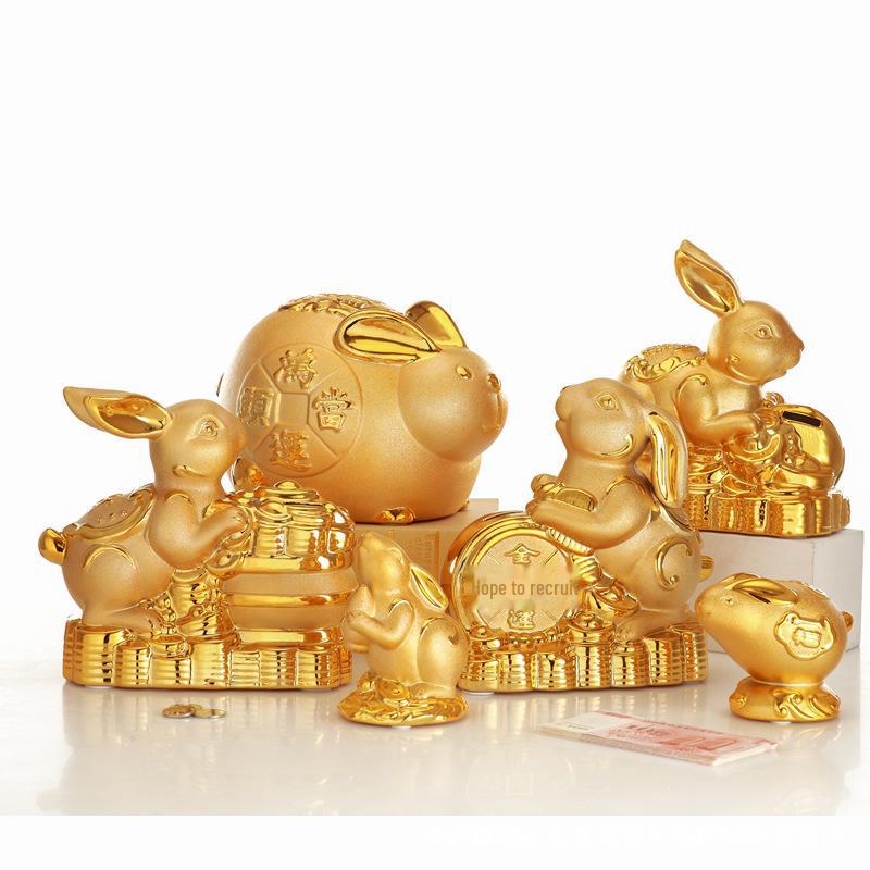 Glücksbringer-Sparschwein aus Keramik, goldenes Kaninchen, kreatives Geschenk und Heimdekoration