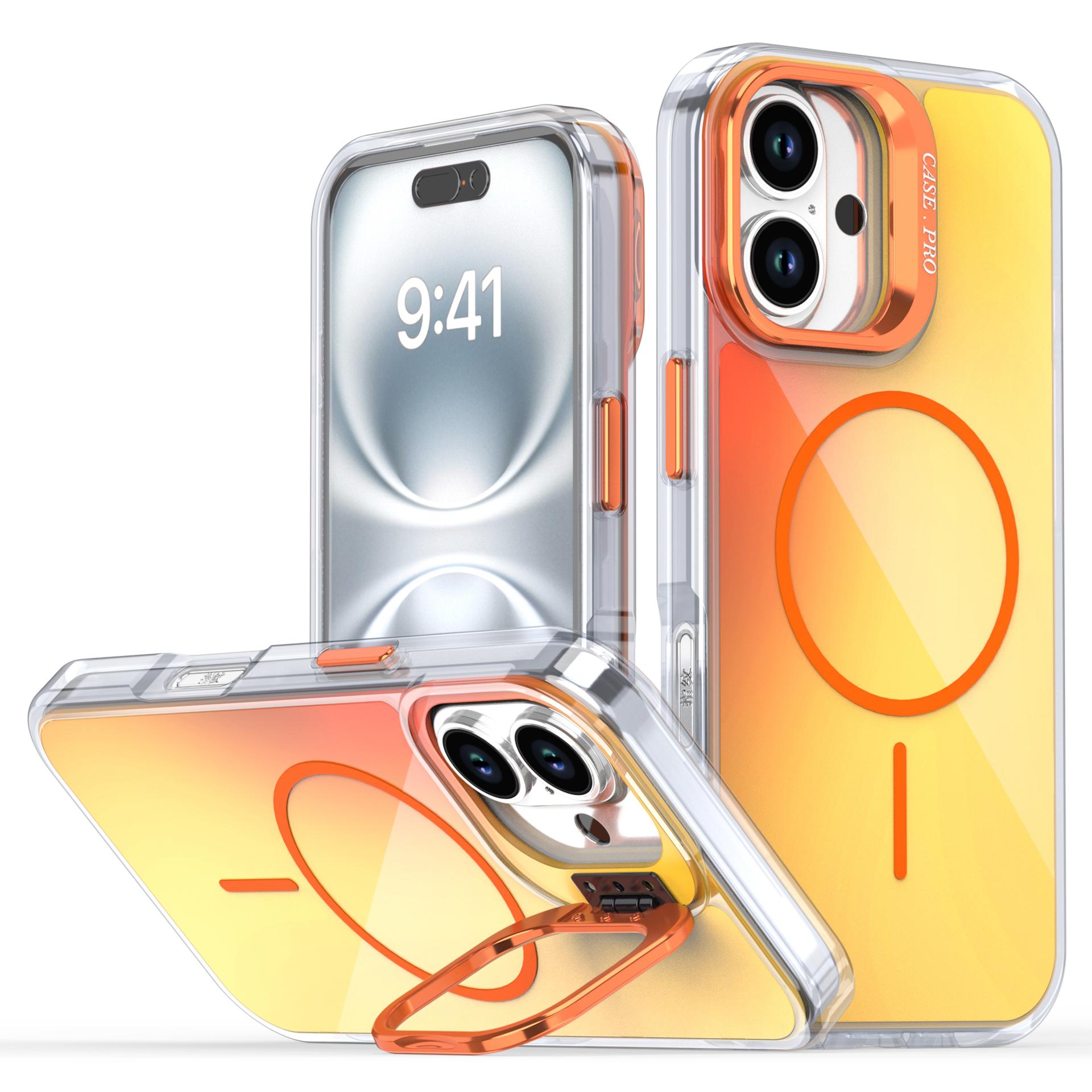 

For iPhone 16 Case Compatible with MagSafe TPU+Acrylic Gradient Phone Cover with Kickstand Orange