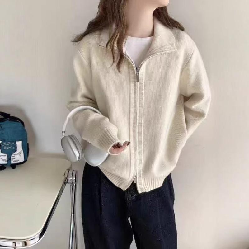 Autumn and winter new double zipper sweater jacket women's thick stand-up collar casual design short knitted cardigan women