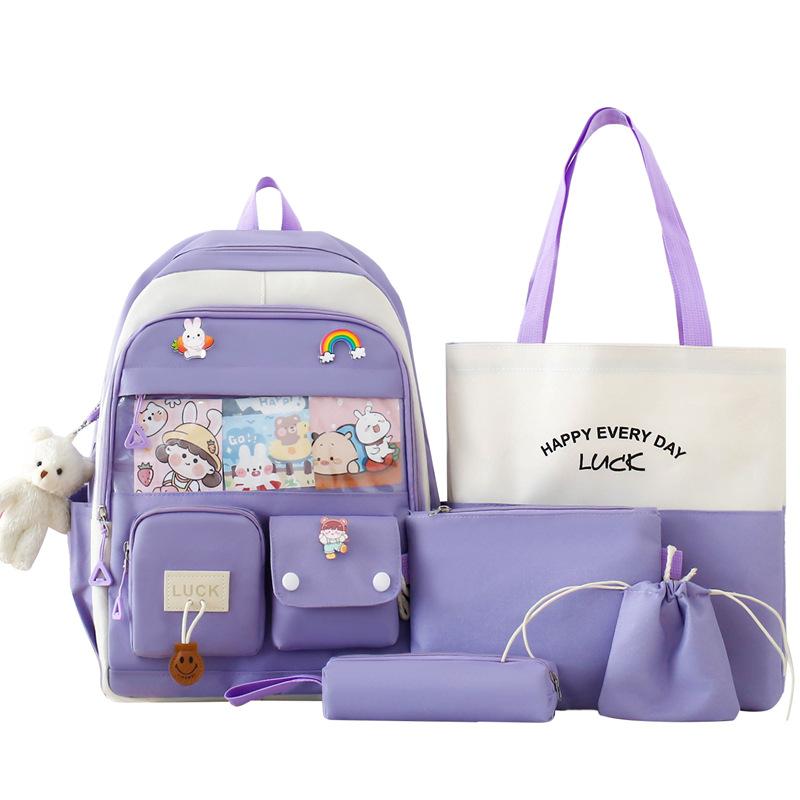 Five-Piece Backpack Set Women's Color Block Backpack Student Schoolbag Large Capacity Backpack