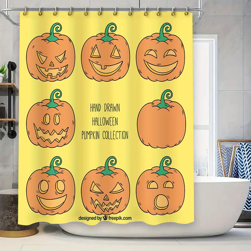 

Hand Drawn Halloween Pumpkin Shower Curtain Decorative Home Accents for Bathroom or Kitchen Yellow Spooky Pumpkins with Green Fa 90x180cm