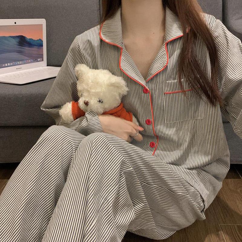 Pyjama Printemps Automne Femme Manches Longues Pantalon Cardigan Rayé Vêtements de Nuit Vêtements d'Intérieur Ensemble Deux Pièces Vêtements de Nuit pour Dames Vêtements d'Intérieur