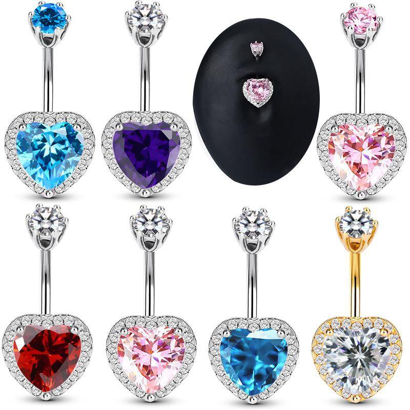 Fashion Zircon Belly Button Rings Stainless Steel Heart Navel Piercing Barbell Shiny Crystal Belly Rings For Women Body Jewelry
