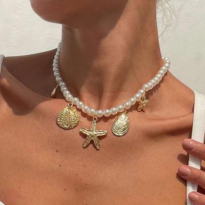 PuRui Fashion Temperament Imitation Zircon Choker Necklace for Women Summer Beach Starfish Conch Pendant Bohemia Zircon Gift