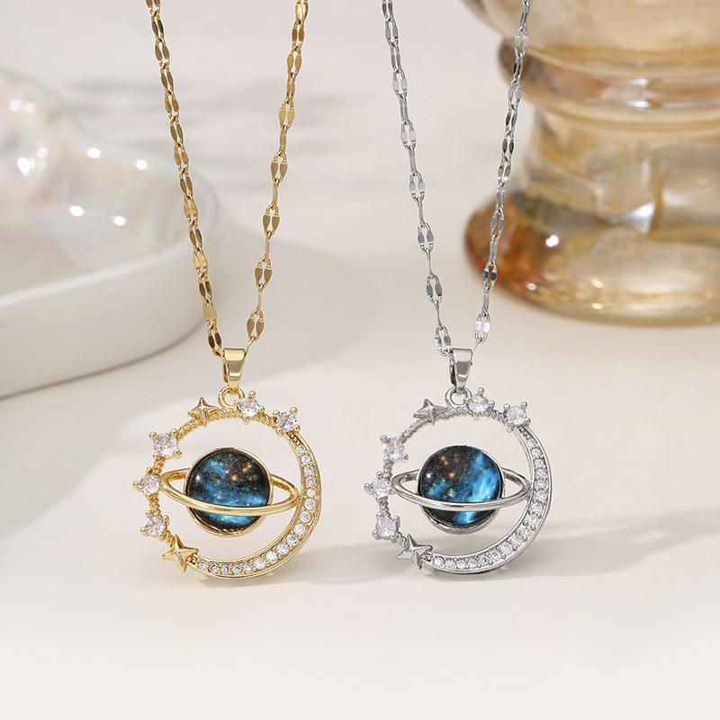 Colier de lux cu stele din zirconiu ușor pentru femei, culoare aurie, planeta, luna, astronaut, pandantiv, coliere, cravată, bijuterii, cadouri