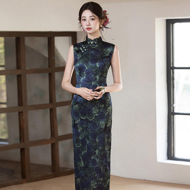 Green national style new Chinese sleeveless long cheongsam improved young new women s high-end dress summer S