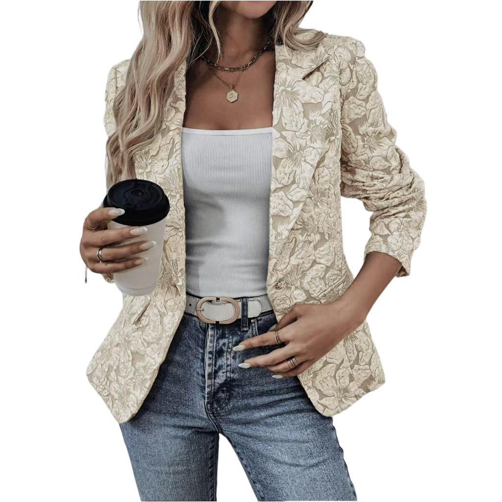Women's Fashion Lapel Button Long Sleeve Casual Vintage Jacquard Slim Fit Blazer Jacket for Office Work Daily Wear