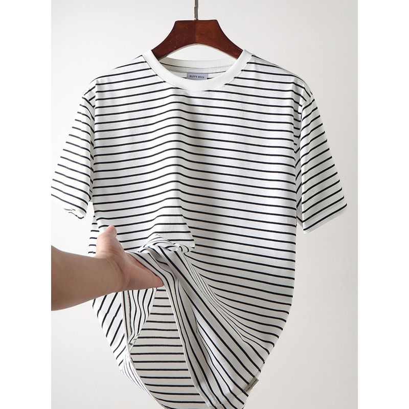 2025 New American vintage round Neck Knitted Stripes Short sleeve T-shirt Men's Summer Bottoming Shirt Foreign Trade Men's T-shirt