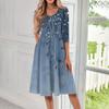 Abito midi stampato con scollo a V e maniche a tre quarti, stile casual da donna