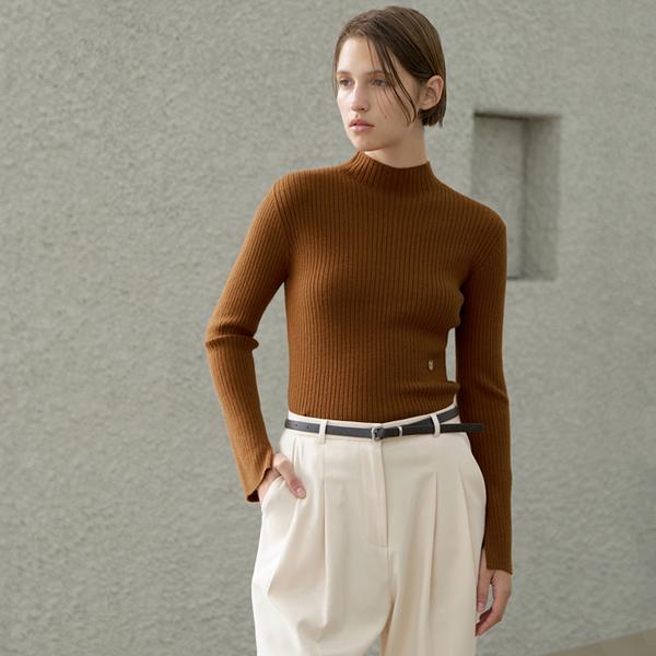 Atelier Nine Soft Slim Fit Ribbed Mock Neck Knit (T-6725) Light Beige/Free