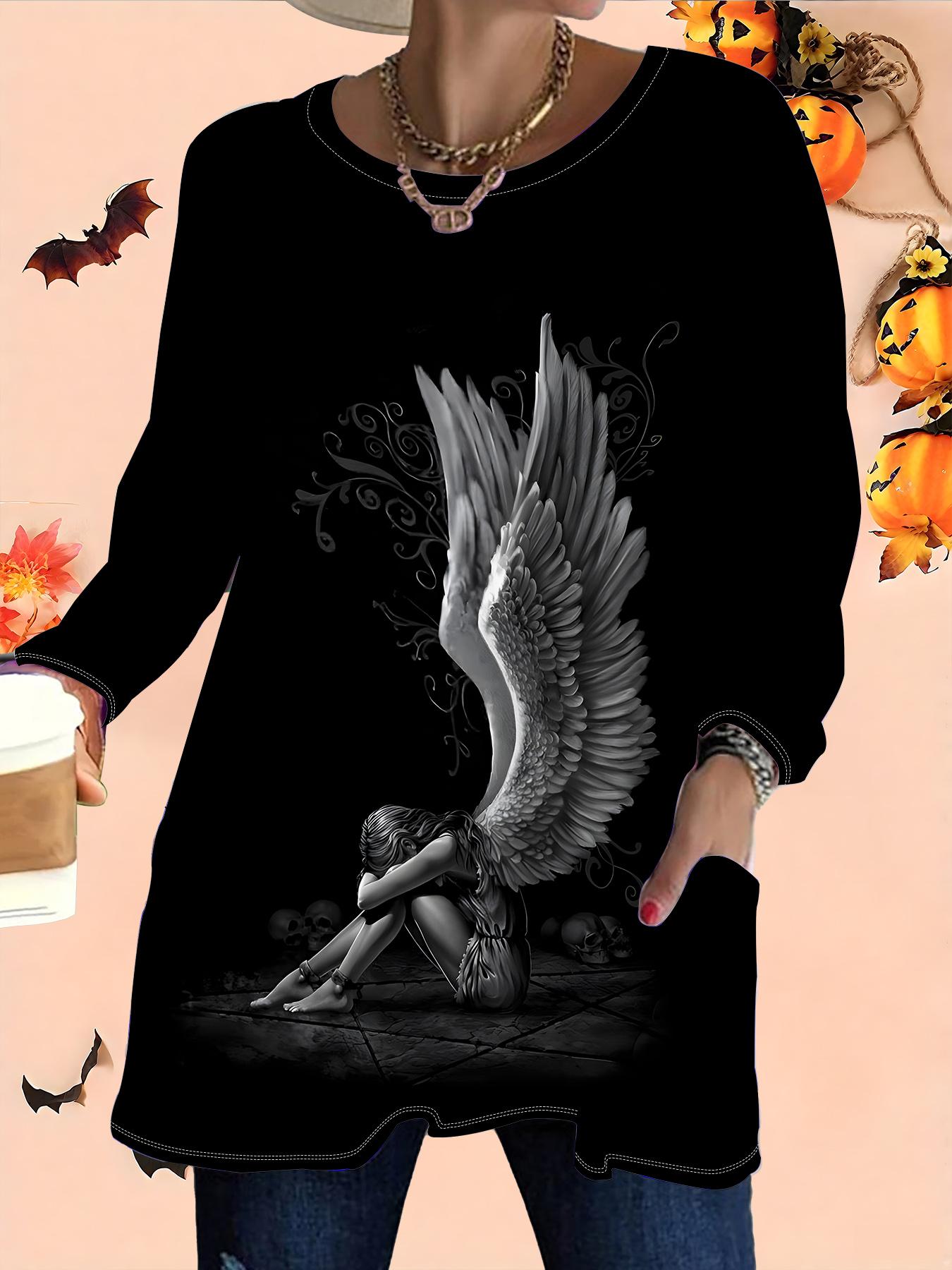 

2025 Осень Зима Новые Женские Топы Большого Размера, Модные Футболки с 3D-принтом на Хэллоуин с Круглым Вырезом и Длинным Рукавом 6XL серый