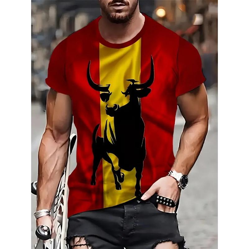Summer Round Neck 3D Funny Bull Graphic Print Top Fashionable Casual Short Sleeved Men's T-shirts