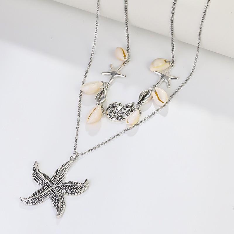 Layered Double-Layer Necklace: Summer Vacation Style with Shell, Starfish, and Conch Pendants
