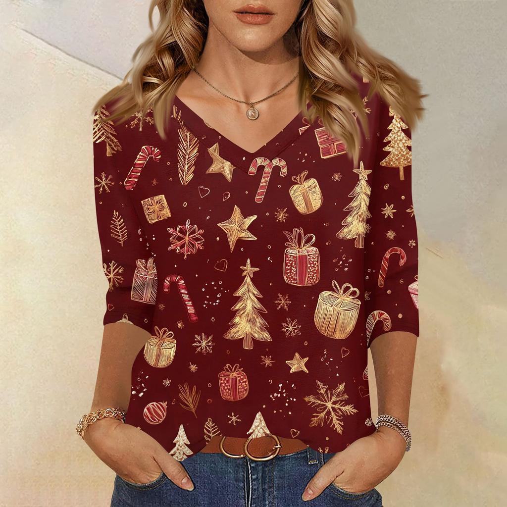 Women's T Shirt CHristmas Print 3/4 Sleeve Daily Weekend Fashion Basic V- Neck Regular Top