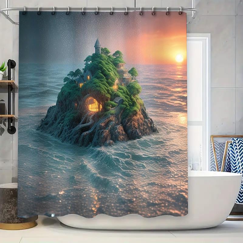 

Enchanting Island Shower Curtain 3D Printed Waterfall Sunset Ocean Design for Bathroom Decorations Perfect Gift Idea 90x180cm