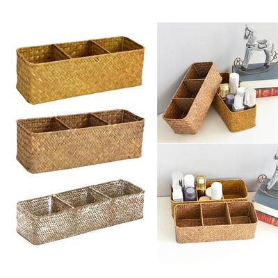 Elegant Storage Basket with Lid Handwoven Sea Grass 3 Compartment Desktop Storage Box Organizer for Office and Home