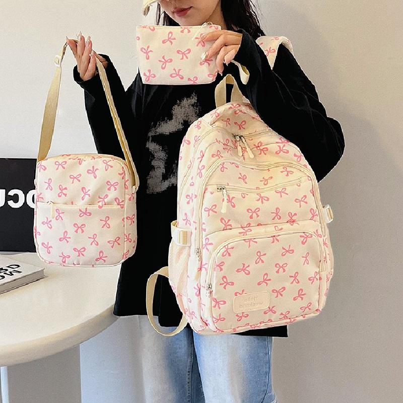 Ladies Luxury Bags Csw003 Women's 3 Pcs/Set Cute Large Capacity Backpack For Girl Bow Print Nylon School Bag Adjustable Strap Travel Computer Backpack