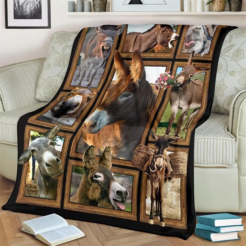 Cute Donkey Fleece Blanket Farm Animal Collage Soft Cozy Throw Home Decor for Living Room or Bedroom Gift for Animal Lovers