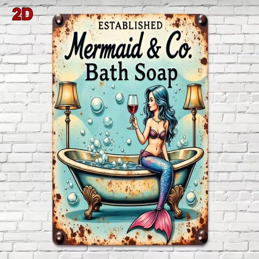 2D1PC Retro Mermaid Theme Metal Iron Painting Bathroom Mermaid Drinking Red Wine Bathtub Decoration Metal Sign