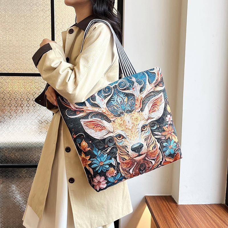 Bolsa de Ombro Feminina Bordada com Fio Dourado - Estilo Étnico, Grande Capacidade