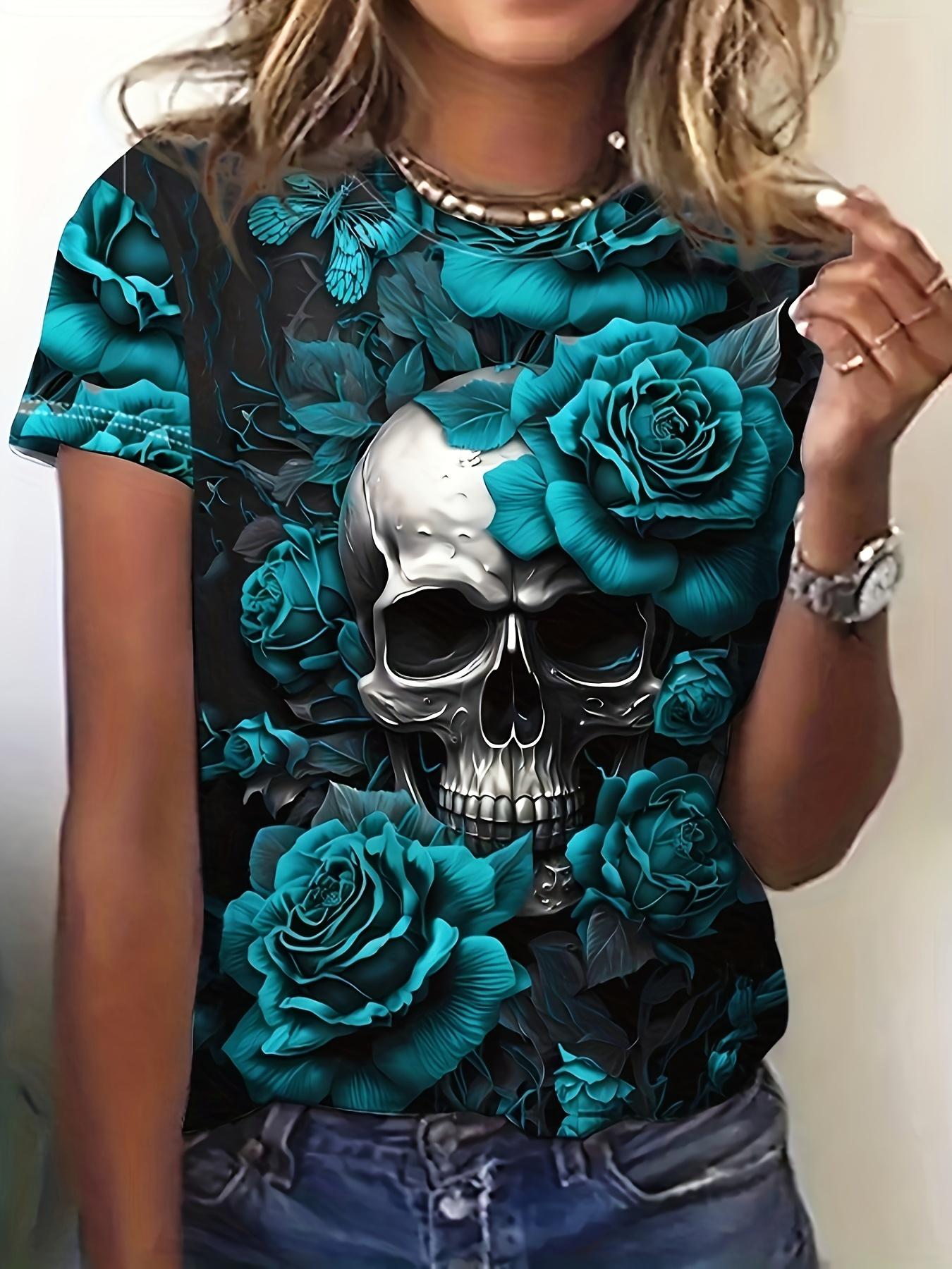 Women s Tee - Skull & Turquoise Rose Graphic, Edgy Gothic Floral Design for Casual Daily Wear S