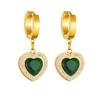 Gold Plated Green Heart Drop Earrings with Crystal Halo